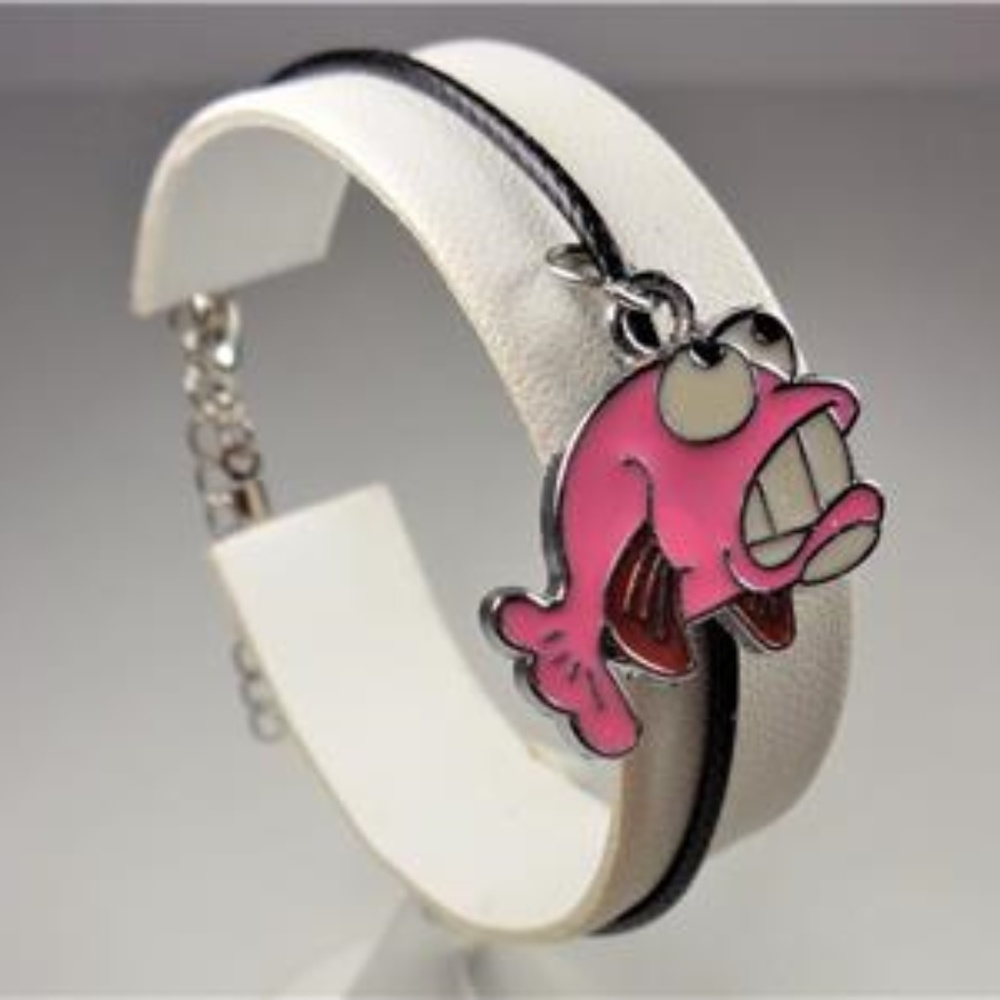 NAUTICAL GOOFY PINK FISH BLACK LEATHER BRACELET